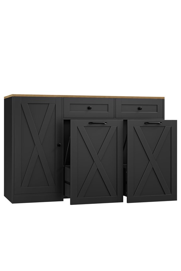 47 Inch Double Trash Can Cabinet 12.5 Gallon Pull Out Tilt Out Garbage Bin Cabinet Wood Farmhouse Hidden Rubbish Storage Buffet Cupboard Sideboard, Black