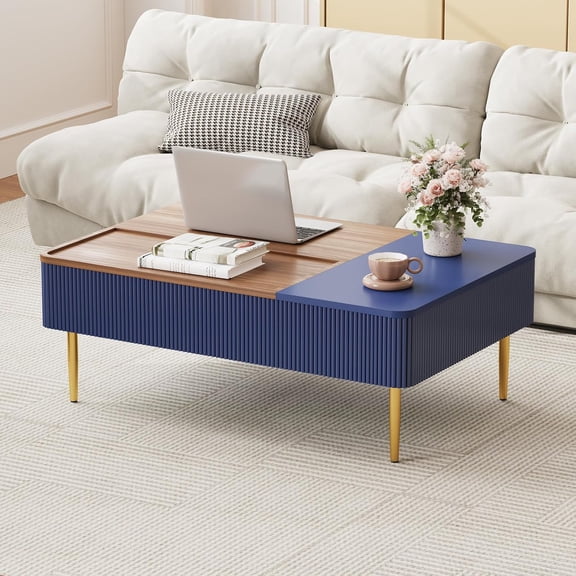 47 Inch Dual Lift Top Coffee Table with Hidden Storage, Modern Blue Wood Fluted Design for Living Room and Office