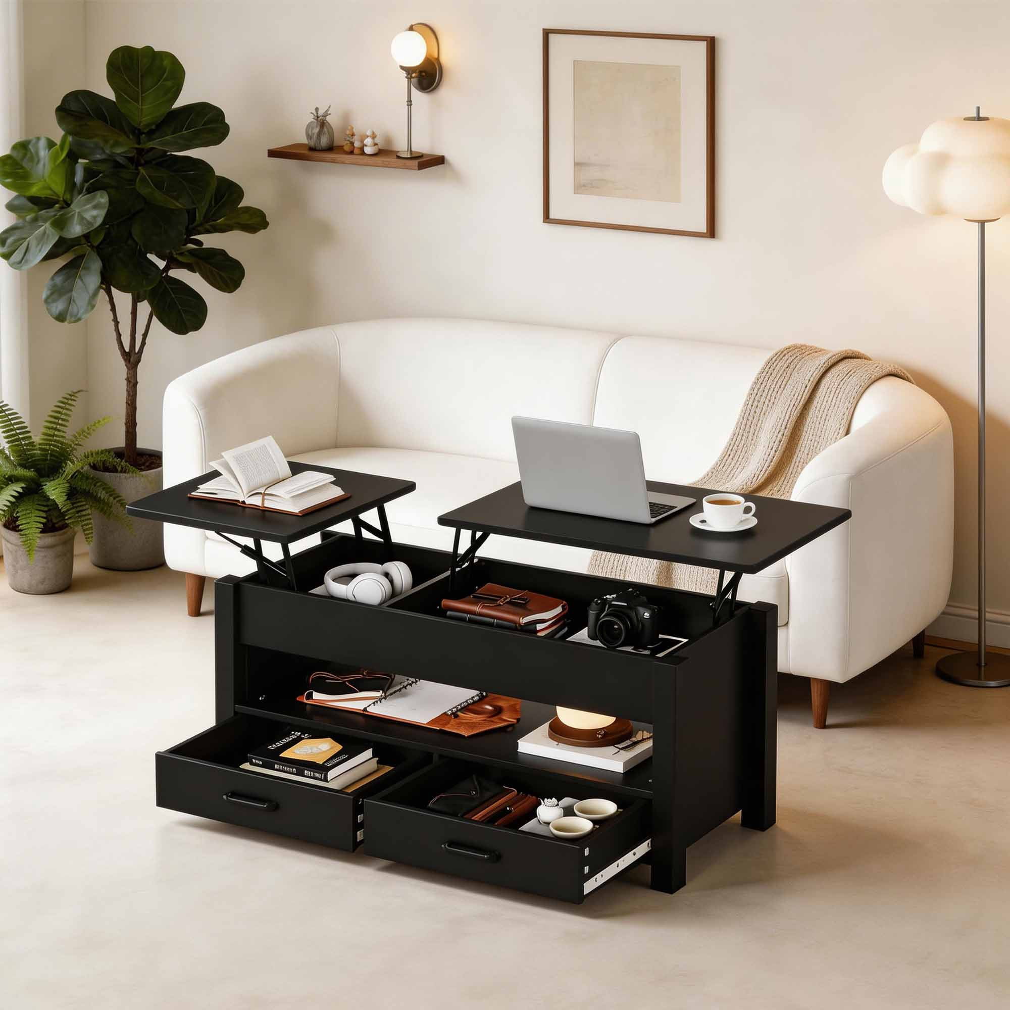 47 Inch Dual Lift Top Coffee Table with Storage Drawers in Brown ...