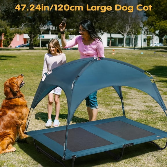 47 Inch Elevated Cooling Large Dog Bed with Removable Canopy, Raised Beds for Large Dogs with Washable Breathable Mesh, Dog Cot for Big Dogs, Indoor/Outdoor Pet Cot with Canopy