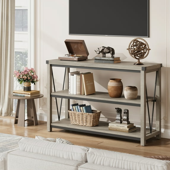 47 Inch Entryway Table, 3 Tier Narrow Long Console Table With Storage, Wood Console Table for Living Room, Industrial Behind Couch Table, Hallway Table for Foyer, Entryway Furniture-Grey