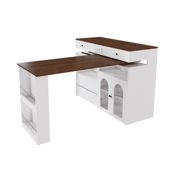 47 Inch Extendable Rotating Kitchen Island With Storage Drawers Glass Cabinets Walnut