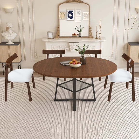 47 Inch Extendable Round Dining Table for 4 to 8 People with Storage Shelf Walnut Finish Heavy Duty Metal Frame and Thickened MDF Tabletop Multi Purpose Kitchen and Dining Room Table