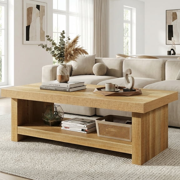 47 Inch Farmhouse Coffee Table with 2-Tier Open Shelves, Rectangle Wood Center Table with Storage, Low Cocktail Table for Living Room, Natural Oak Finish, Easy Assembly