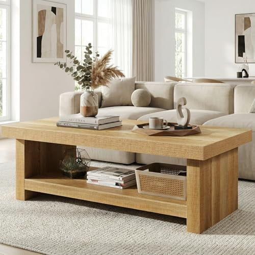 47-Inch Farmhouse Coffee Table Cocktail Table with Storage, Wood Rectangular Coffee Tables for Living Room, 2-Tier Center Table with Thickened Base in Natural Oak Finish$$Furniture