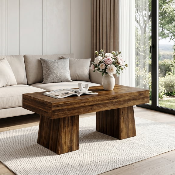 47 Inch Farmhouse Coffee Table, Wooden Rectangular Center Table for Living Room with Storage Shelf, Modern Low Profile Accent Furniture Walnut Brown