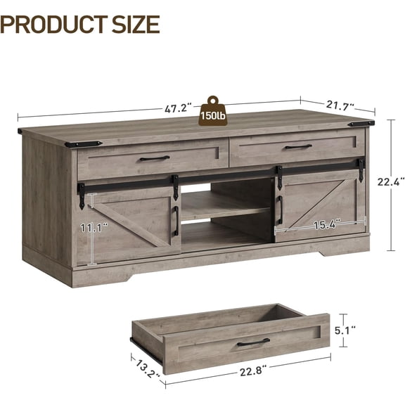 47 Inch Farmhouse Coffee Table with Storage and 2 Drawers Rustic Center Table Sliding Barn Doors Wooden Living Room Furniture Greige