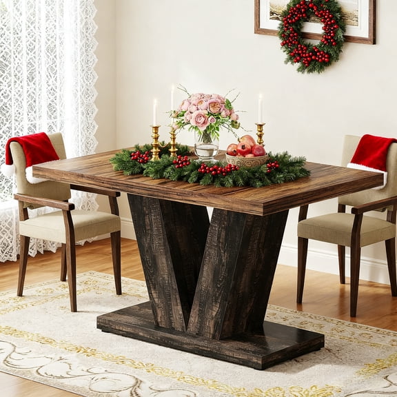 47-Inch Farmhouse Dining Table For 4, Black & Brown Wooden Dinner Table With Heavy-Duty Triangular Pedestal, Compact Eating Table For Small Space, Dining Room, Kitchen