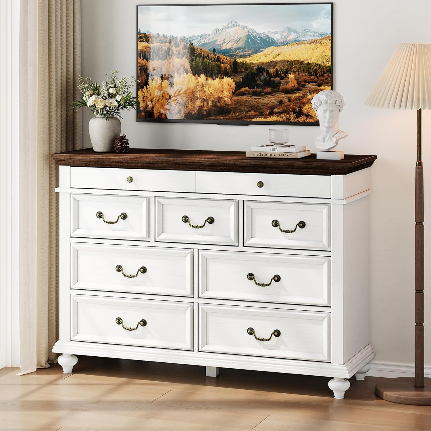 47 Inch Farmhouse Dresser for Bedroom with 9 Drawers Rustic Wood Chest  Polished Engineered Wood Vintage Metal Handles Large Storage Organizer for  Living Room Entryway.White - Walmart.com