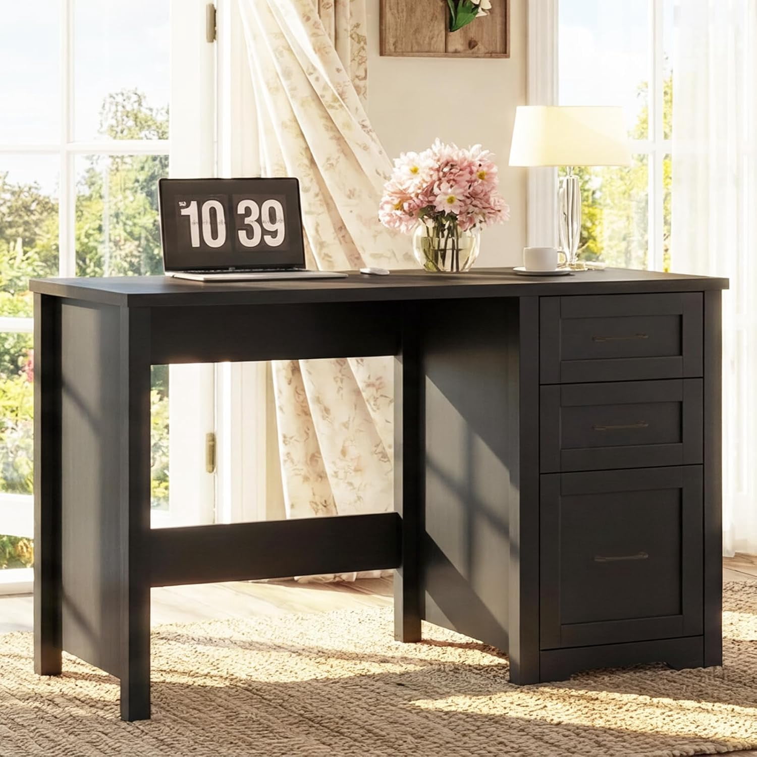 47-Inch Farmhouse Executive Desk with File Drawer and 2 Storage Drawers, Black Computer Workstation for Home Office