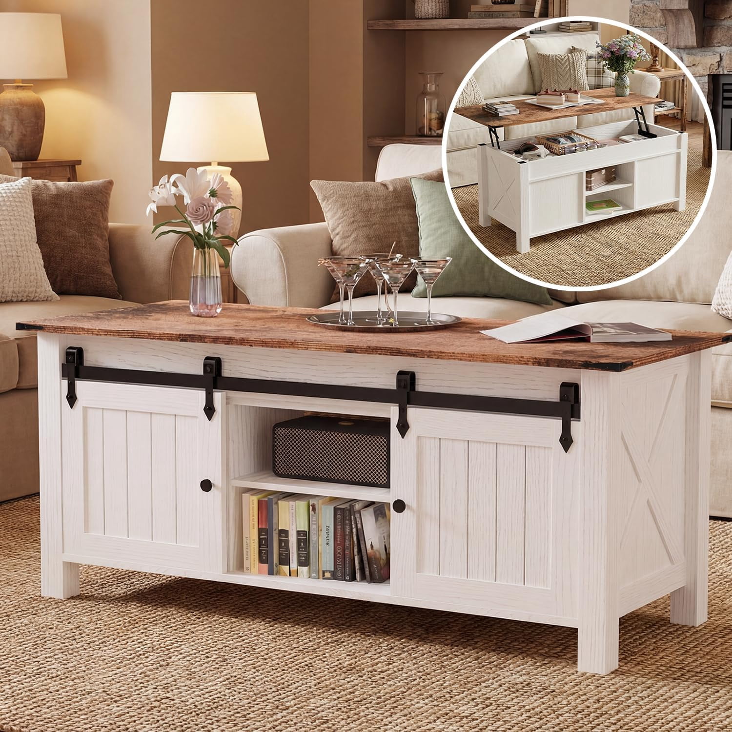 47-Inch Farmhouse Lift Top Coffee Table with Sliding Barn Door and ...