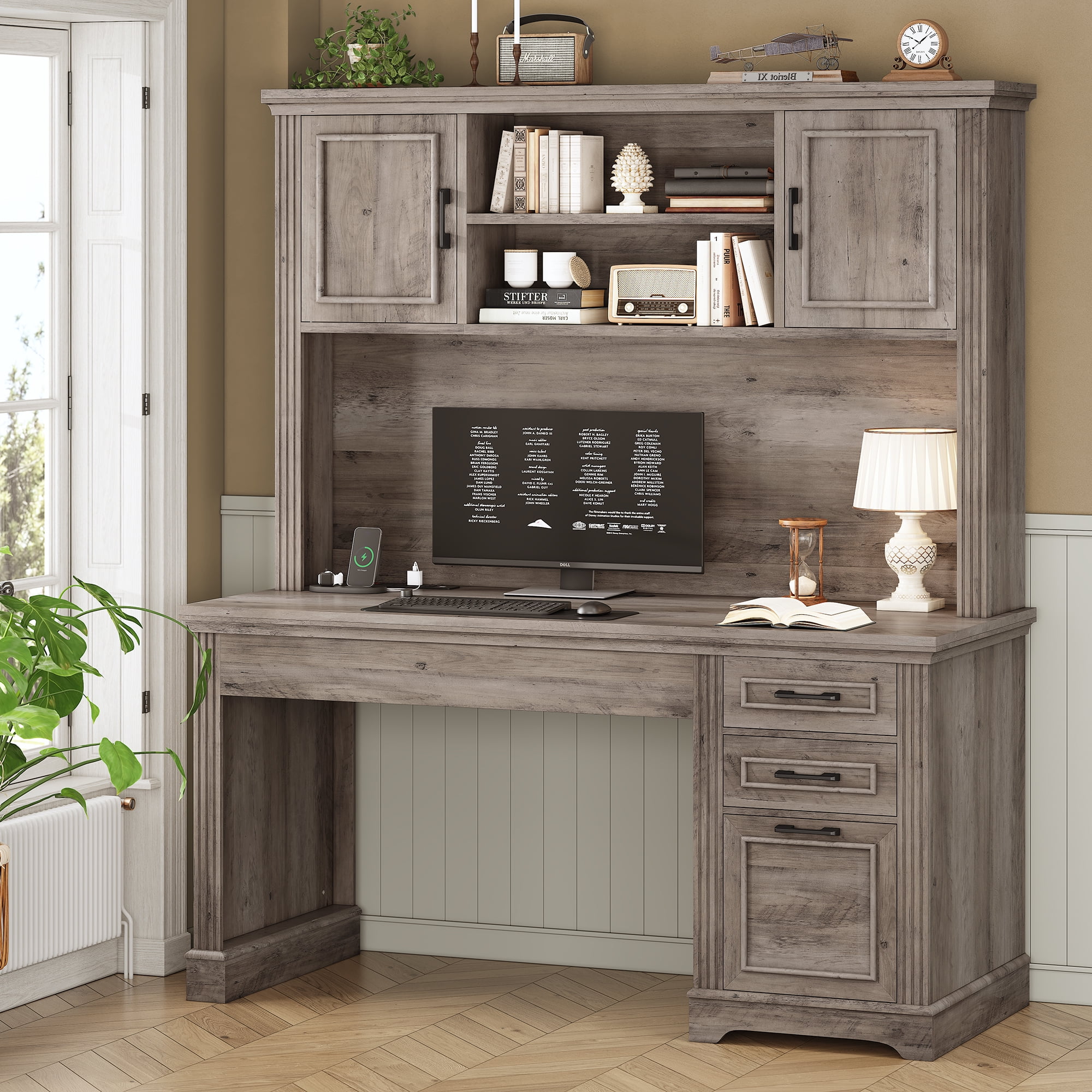 55" L Shaped Computer Desk With Hutch & Drawers, Reversible Gaming Desk With LED & Open Shelves Home Office Monitor Stand Storage Bag Power Outlets Corner Writing Study D - View #13