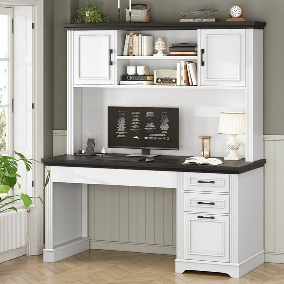 SEDETA 47 Inch Farmhouse Office Desk with Hutch and Drawers, Executive Desk Computer Desk with File Drawer and Cabinets, Large Workstation Traditonal Style Practical table for Home Office, White