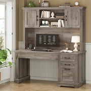 SEDETA 47 Inch Farmhouse Office Desk with Hutch and Drawers, Executive Desk Computer Desk with File Drawer and Cabinets, Large Workstation Traditonal Style Practical table for Home Office, Grey