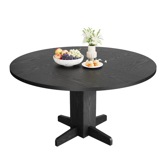 47 Inch Farmhouse Round Dining Table, Seats 4-6 People, Sturdy Wood Pedestal Base Table, Space Saving Durable Dinner Table Ideal for Kitchen Dining Room Apartment Home - Black