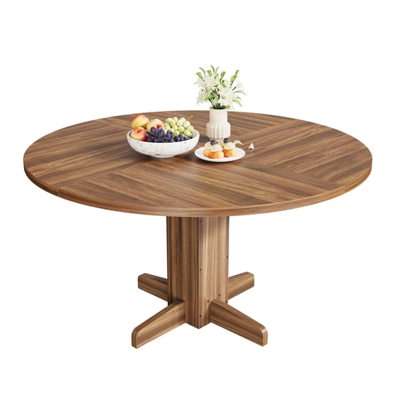 47 Inch Farmhouse Round Dining Table, Sturdy Pedestal Wood Circle Table for 4-6 People | Dining Room, Living Room, Apartment Use - Walnut