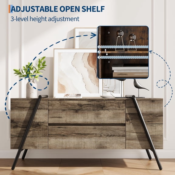 47-Inch Farmhouse Wooden TV Console, U-Shaped Metal Leg Design, Adjustable Shelves & Dual Drawers, Multi-functional Entertainment Stand for 50-65 Inch Home TVs, Oak