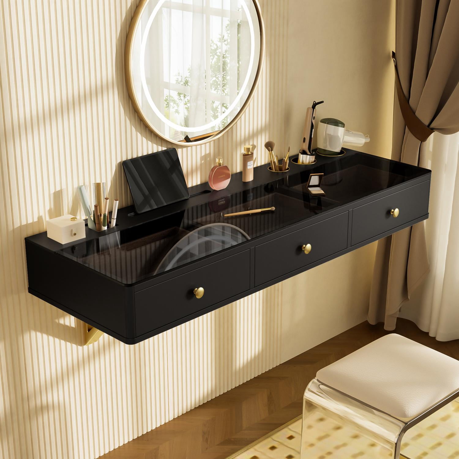 47 Inch Floating Shelf Desk, Wall Mounted Vanity Table with 3 Drawers and Electronic Holder, Multi-Purpose Desk for Bedroom and Bathroom, Black and Gold