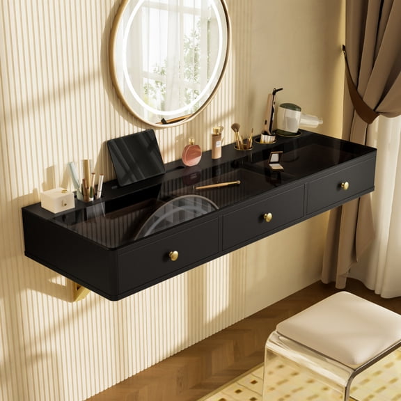47 Inch Floating Shelf with Drawer Multifunctional Wall Mounted Vanity Table Desk Black and Golden 100LBS Capacity for Bedroom Bathroom Hairdressers