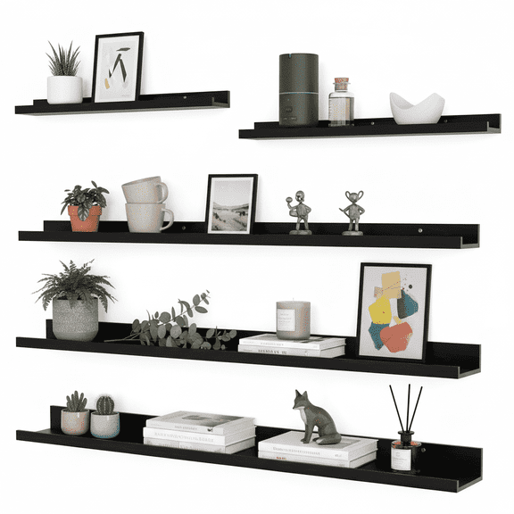 47-Inch Floating Wall Shelves Set of 5, Wooden Wall Shelves for Bathroom, Bedroom, Kitchen, Living Room Storage, Wooden Easel, Black