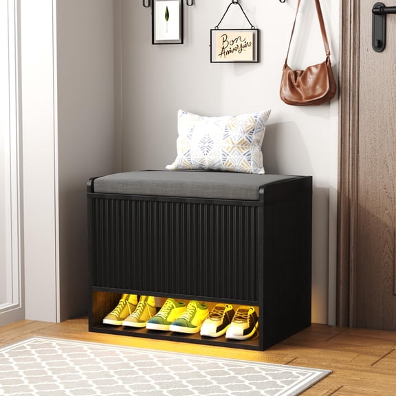 47 Inch Fluted Shoe Storage Bench Entryway Bench Unit Container Linen Seat Cushion Footwear Organizer Cabinet Adjustable Shelves Built In LED Sensor Light Bedroom Walnut
