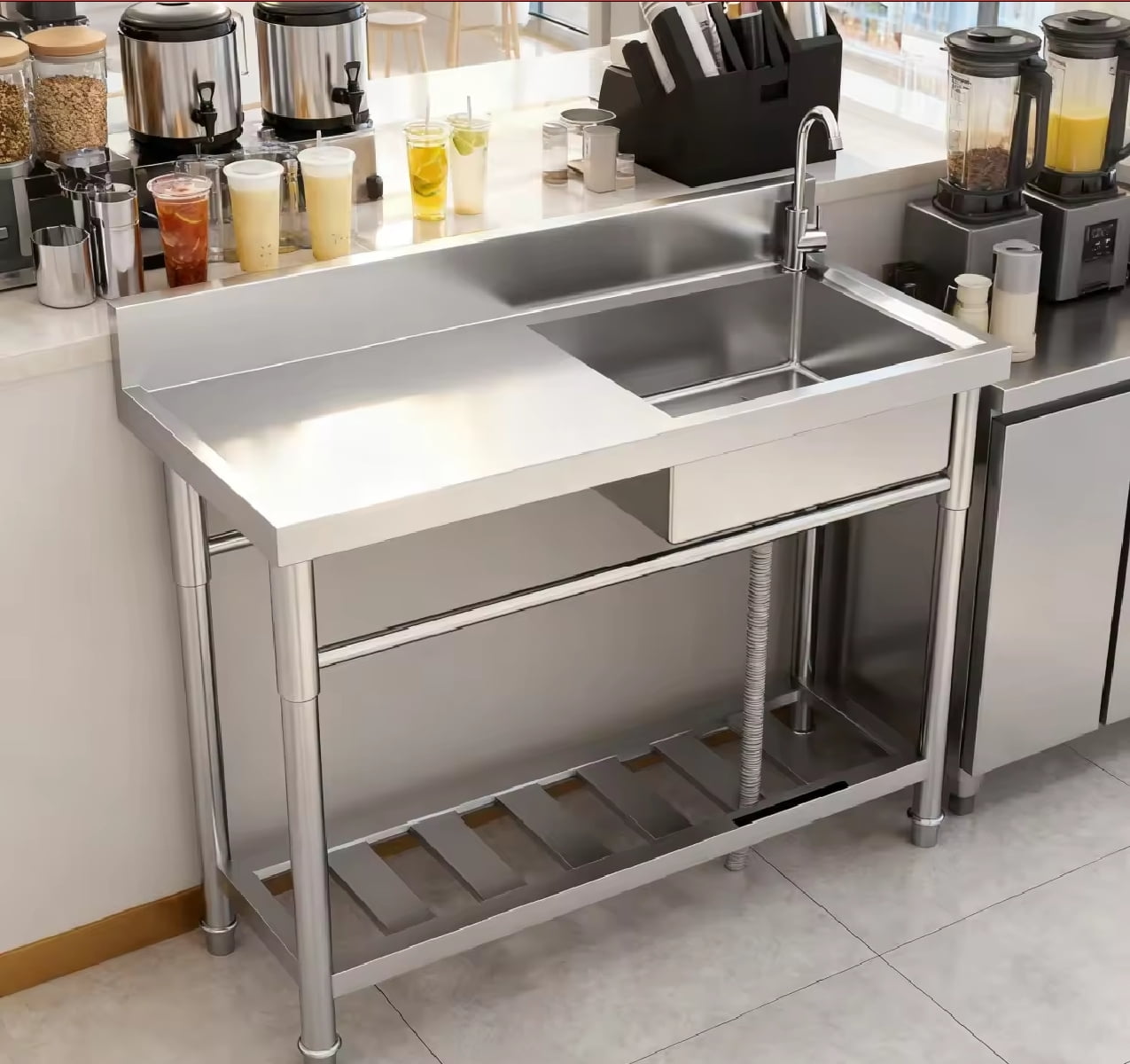 47 Inch Free Standing Sink, Single Bowl Stainless Steel Utility Sink with Cold/Hot Water Pipe, Storage Rack, Faucet and Adjustable Legs, for Laundry Room, Kitchen, Garage, Outdoor Use, NSF