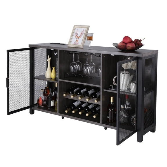 47 Inch Industrial Bar Cabinet with Wine Rack and Glass Storage Freestanding Farmhouse Wood Sideboard Buffet for Living Room Home Bar Kitchen