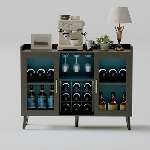 47-Inch Freestanding Storage Cabinet with LED Lighting – Black Finish, Wine Rack & Bottle Holder, Metal Grid Organizer – Ideal for Kitchen, Living Room, or Entryway – Modern Mid-Century Design