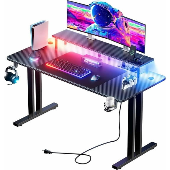 47 Inch Gaming Desk with 5 Sockets & LED Lights, Computer Gamer Desk with Monitor Stand, Ergonomic Carbon Fiber Gaming Table Home Office Desk with Cup Holder, Headphone Hook & Mouse Pad