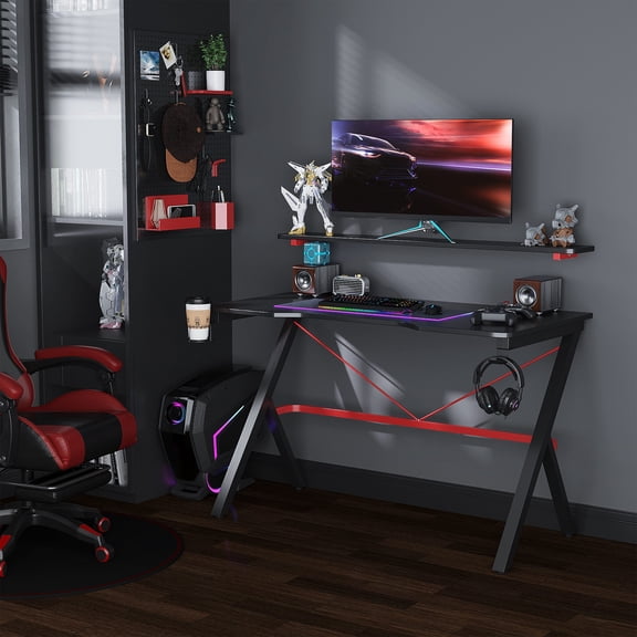 47 Inch Gaming Desk with Elevated Monitor Shelf, Rotatable Cup Holder and Headphone Hook, Carbon Fiber MDF Racing Computer Desk for Home Office Workstation, Black