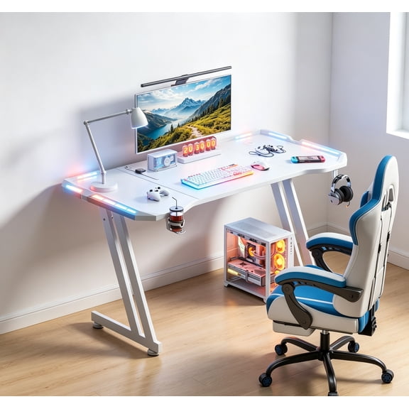 47 Inch Gaming Desk with LED Lights, Carbon Fiber Surface Gaming Table, Large Computer Desk, Ergonomic Home Office Desk, Z Shaped PC Gamer Workstation with Cup Holder & Headphone Hook, White