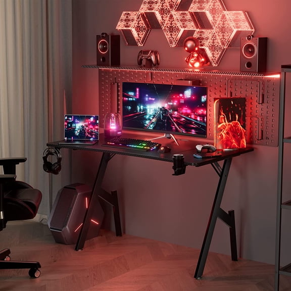 47 Inch Gaming Desk, Large Computer Gaming Desk Table with Cable Management, Ergonomic Carbon Fiber Gamer Table Pc Work Home Office Desks with Cup Holder & Headphone Hook & Mouse Pad, Black
