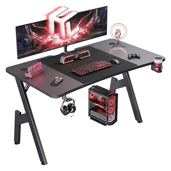 47 Inch Gaming Desk, Large Computer Gaming Desk Table with Cable Management, Ergonomic Carbon Fiber Gamer Table Pc Work Home Office Desks with Cup Holder & Headphone Hook & Mouse Pad, Black