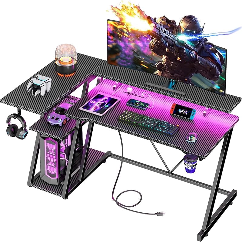 47 Inch  Gaming Desk with Power Outlet & LED Lights, Corner Computer Desk with 3 Tiers Storage Shelves, L Shaped Gaming Desk with Monitor Stand for Bedroom