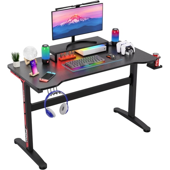 47 Inch Gaming Desk T-Shaped Computer Desk Racing Style Gamer Table with Cup Holder & Headphone Hook Office Desk Modern Workstation for Home Office & PC Gaming Setup