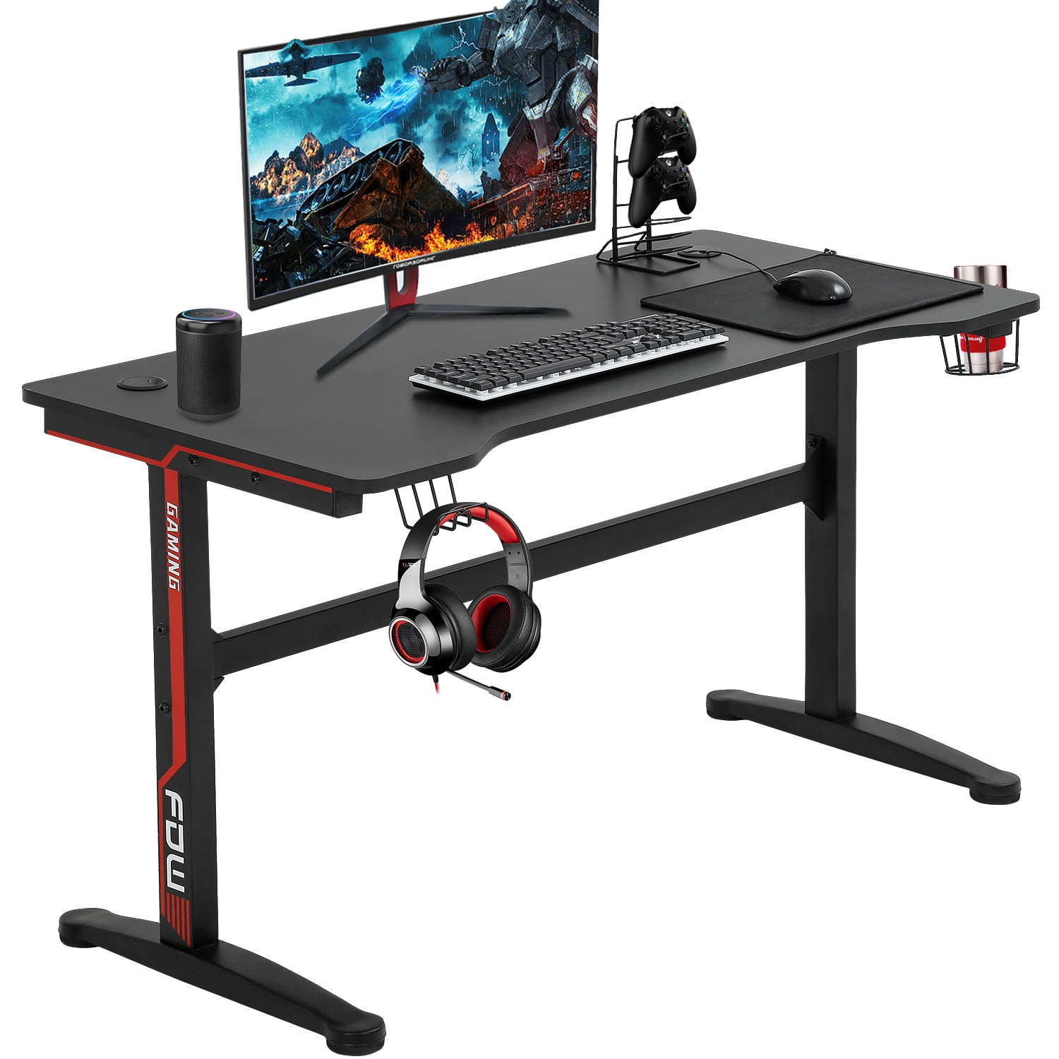 47 Inch Gaming Desk T-Shaped Tabl with Carbon Fiber Surface, Headphone Hook & USB Gaming Handle Rack & Cable Management Hole, Ergonomic Computer Desk for Home Gaming, Office Work, Study, Black