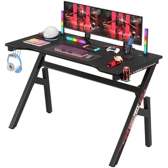 47 Inch Gaming Desk Wood Gaming Table Modern R-Shaped Computer Desk for Home Office with Headphone Hook and Cup Holder- Sturdy Gamer Workstation Table with Carbon Fibre Desktop, Red