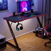 47 Inch Gaming Desk Z-Shaped Table with Headphone Hook & Carbon Fiber Surface - Ergonomic Computer Desk for Home Gaming, Office Work, Study Black & Red