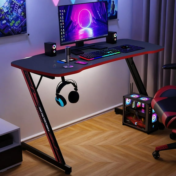 47 Inch Gaming Desk Z-Shaped Table with Headphone Hook & Carbon Fiber Surface - Ergonomic Computer Desk for Home Gaming, Office Work, StudyBlack & Red
