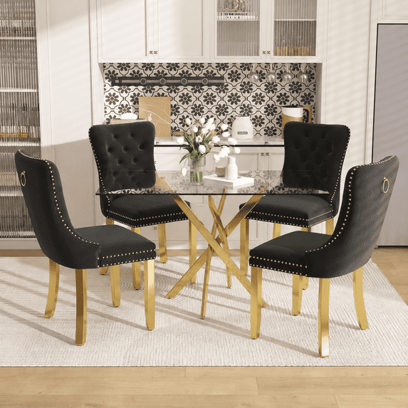 47 Inch Glass Dining Table Set for 4, Modern Rectangular Glass Kitchen Table with 4 Upholstered Velvet Chairs, Space-Saving Dining Room Set for Living Room, Kitchen, Apartment - Black Gold