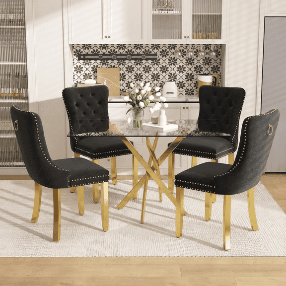 47 Inch Glass Dining Table Set for 4, Modern Rectangular Glass Kitchen Table with 4 Upholstered Velvet Chairs, Space-Saving Dining Room Set for Living Room, Kitchen, Apartment - Black Gold