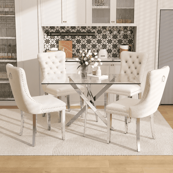 47 Inch Glass Dining Table Set for 4, Modern Rectangular Glass Kitchen Table with 4 Upholstered Velvet Chairs, Space-Saving Dining Room Set for Living Room, Kitchen, Apartment - Beige Silver