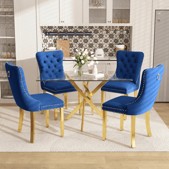 47 Inch Glass Dining Table Set for 4, Modern Rectangular Glass Kitchen Table with 4 Upholstered Velvet Chairs, Space-Saving Dining Room Set for Living Room, Kitchen, Apartment - Blue Gold