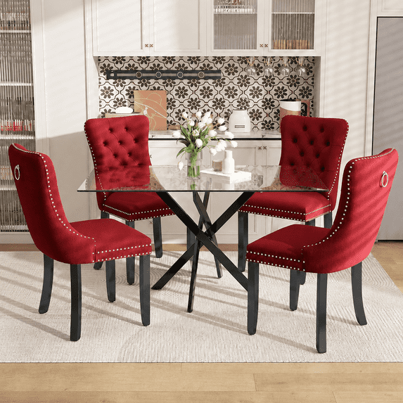 47 Inch Glass Dining Table Set for 4, Modern Rectangular Glass Kitchen Table with 4 Upholstered Velvet Chairs, Space-Saving Dining Room Set for Living Room, Kitchen, Apartment - Red Black
