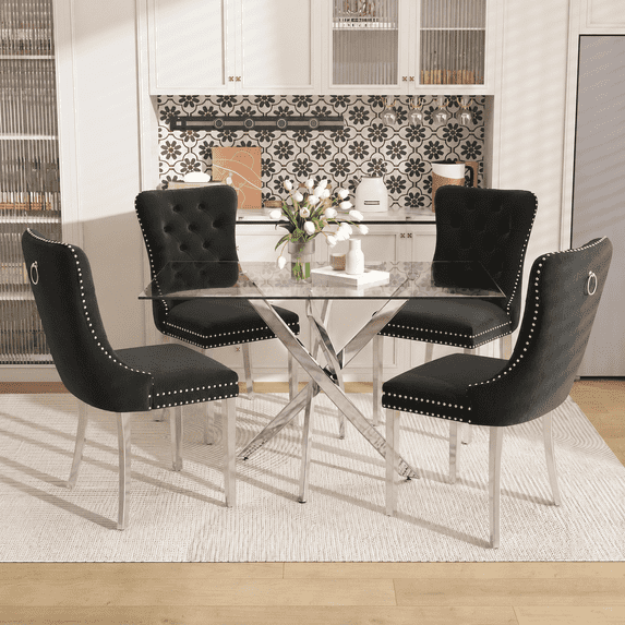 47 Inch Glass Dining Table Set for 4, Modern Rectangular Glass Kitchen Table with 4 Upholstered Velvet Chairs, Space-Saving Dining Room Set for Living Room, Kitchen, Apartment - Black Silver