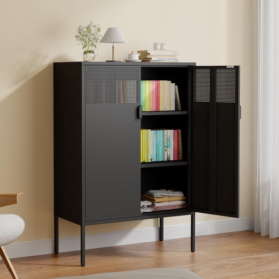 47 Inch H 3-Tier Black Metal Storage Cabinet with 2 Mesh Doors and Adjustable Shelves, Multipurpose Steel Locker for Office, Home, Hallway
