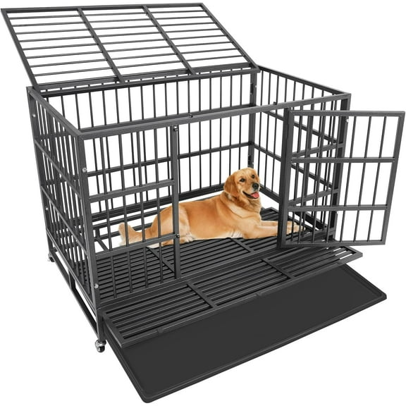 47 Inch Heavy Duty Dog Crates, Dog Kennel for Meduim Dogs, Indestructible Dog Crate with Double Door and Removable Tray Pan (47" L X 30" W X 35" H)