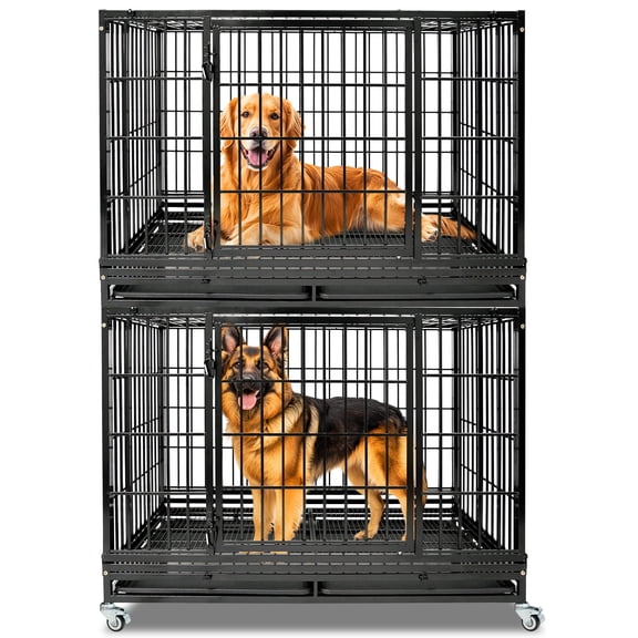 47 Inch Heavy Duty Large Dog Crate, Stackable Indestructible Big Cage for High Anxiety Dogs, Escape Proof XL Dog Kennel Indoor with Auto Locks, No-Noise Grid, Dual Trays, 360 Wheels(2 Tier)