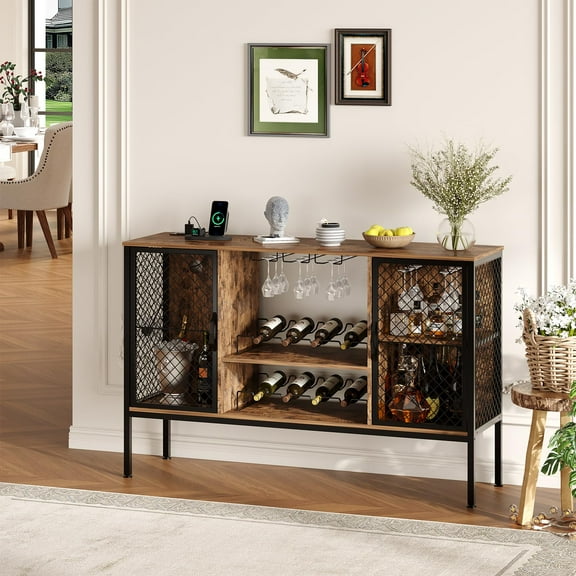 47 Inch Industrial Coffee and Wine Bar Cabinet with LED Lighting and Power Outlets, 2-Door Storage with Glass Holders for Dining and Living Room, Rustic Brown Finish