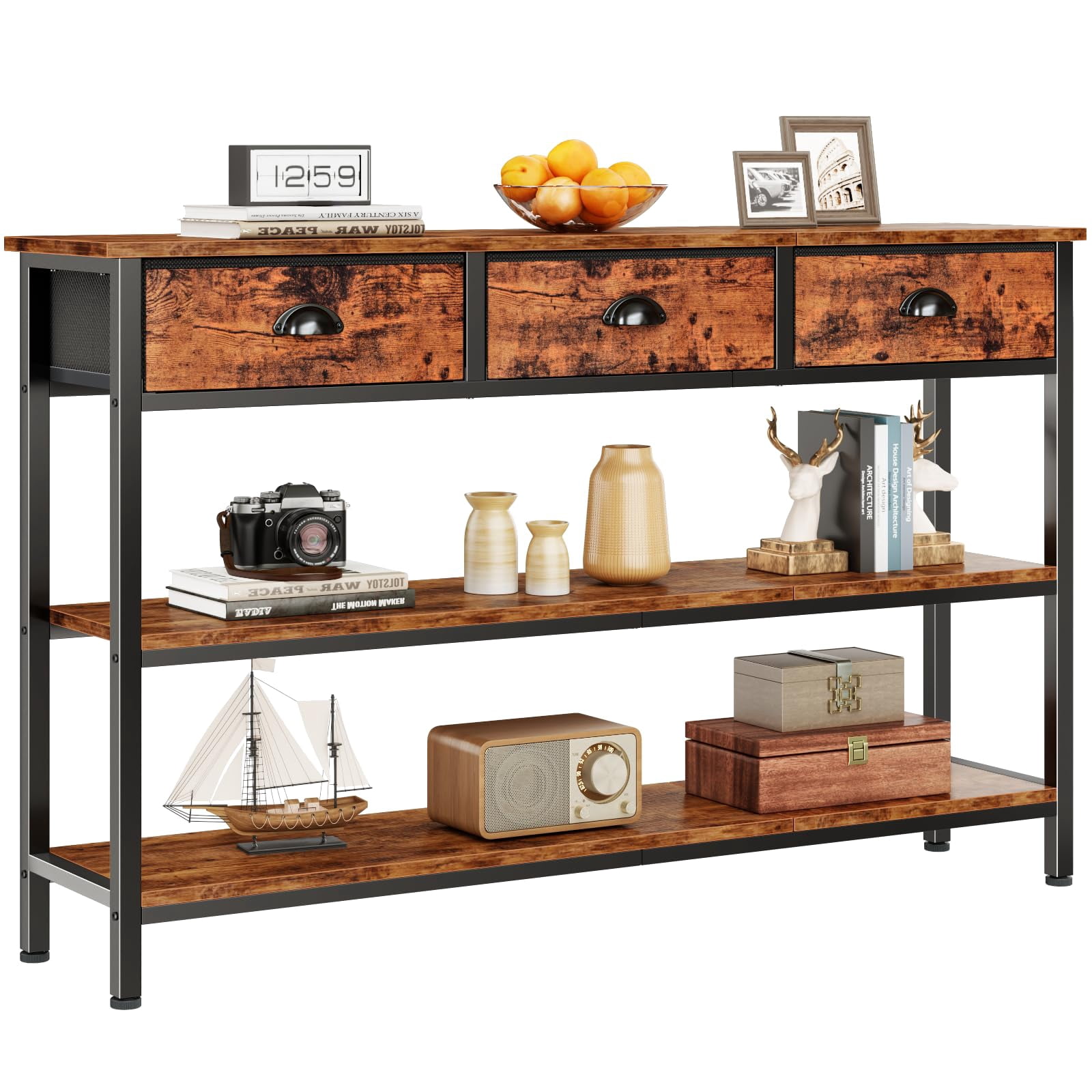 47 Inch Industrial Console Sofa Table with 3 Drawers & 3-Tier Open ...